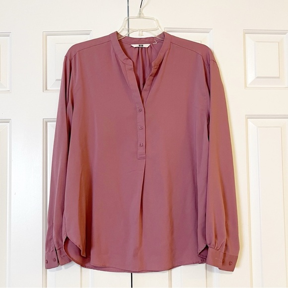 Uniqlo Purple Mauve Long Sleeve Button Front Collarless Rayon Blend Blouse. L - Picture 3 of 9
